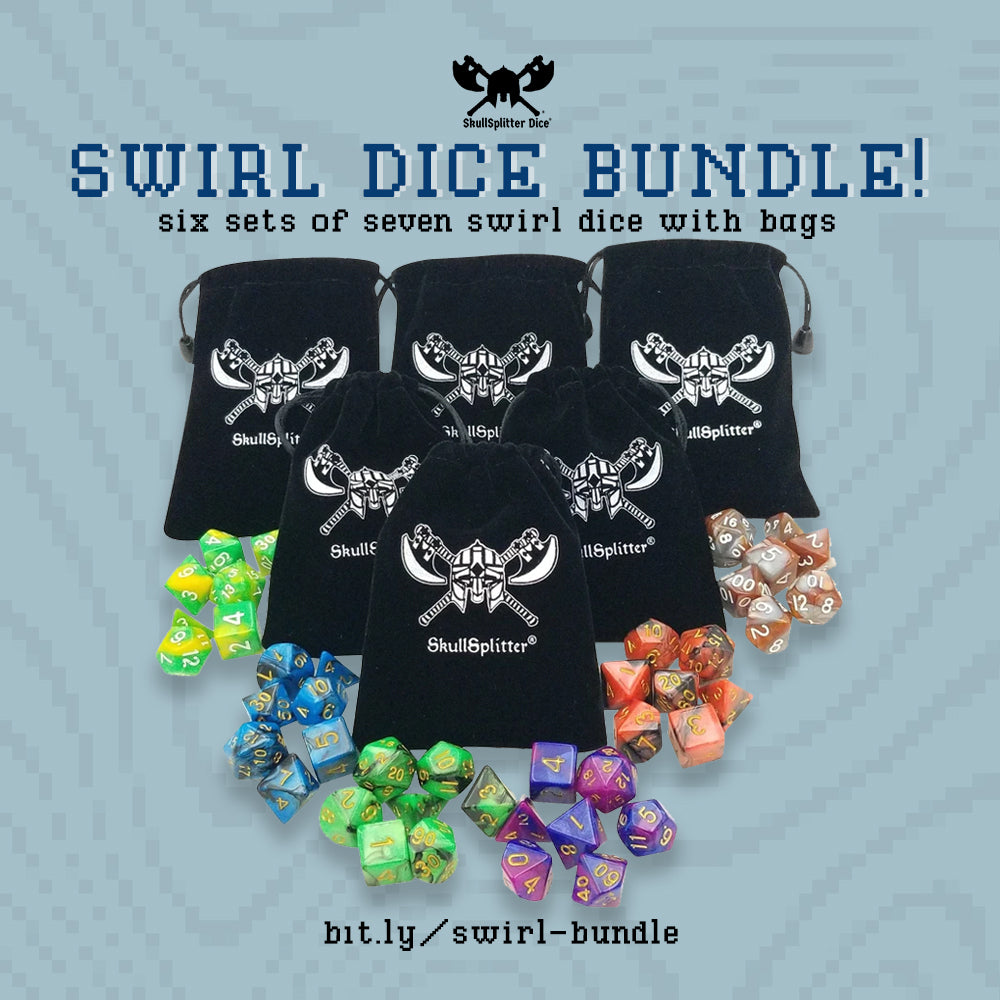 SkullSplitter Dice - Six Set of 7 Swirl Dice with Small Bags