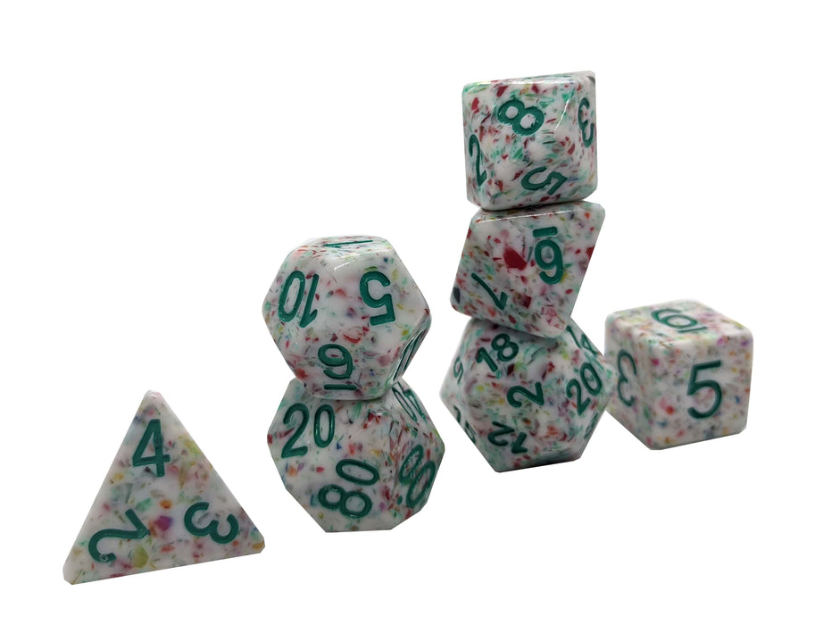 Ye Olde Breaker of Jaws™️ - Solid White Dice with Colored Specks and Green Numbers  Set