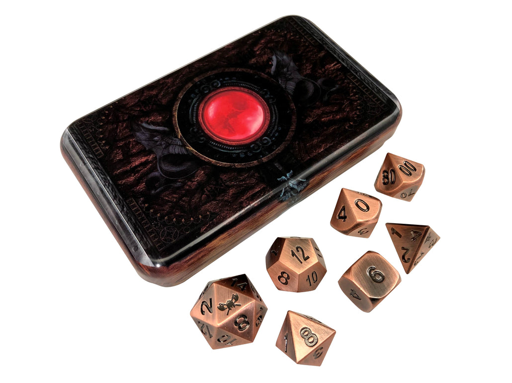 Warlock Tome with Antique Brass Color with Black Numbers Metal Dice