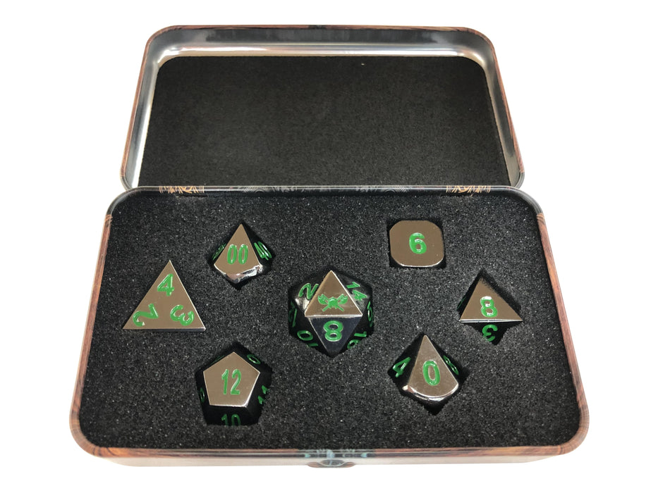 Warlock Tome with Black Dragon | Shiny Black Nickel with Green Numbers Metal Dice