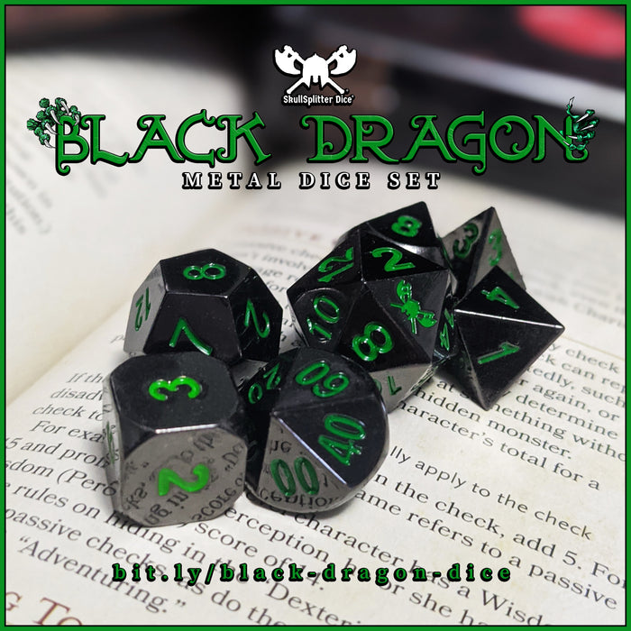 Black Dragon | Shiny Black Nickel with Green Numbering Metal Dice (7 Die in Pack) with Velvet Bag