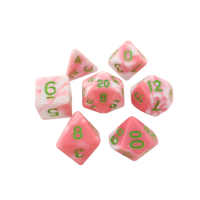 Brains - Pink Marbled With Green Numbers-  Set Of 7 Polyhedral RPG Dice For D&D