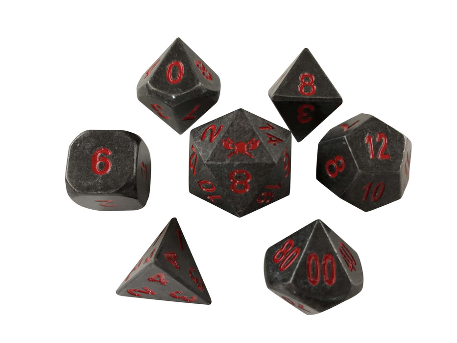 Metal Dice - Warlock Tome With Butcher's Bill |  Industrial Gray With Red Numbering Metal Dice