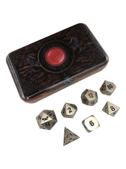 Metal Dice - Warlock Tome With Executioner's Step | Dull Silver Color With Black Numbers Metal Dice
