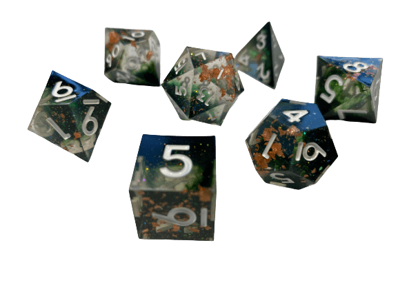 Forest Dreams - Translucent Gold Foil Inclusions Green Nebulous and Shimmer with White Numbering 7pc Sharp-Edge Dice Set
