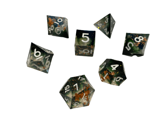 Forest Dreams - Translucent Gold Foil Inclusions Green Nebulous and Shimmer with White Numbering 7pc Sharp-Edge Dice Set