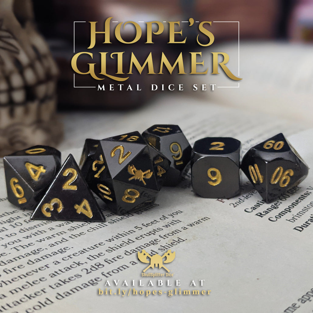 Hope's Glimmer - Shiny Black Nickel with Gold Color Numbers Metal Dice - 7 Piece Set with Velvet Dice Bag
