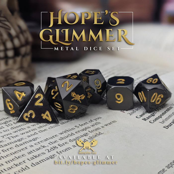 Hope's Glimmer - Shiny Black Nickel with Gold Color Numbers Metal Dice  - 7 Piece Set with Velvet Dice Bag