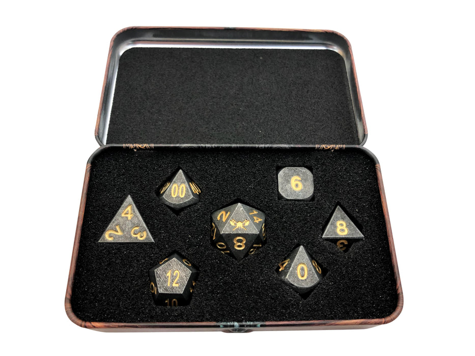 Metal Dice - Warlock Tome With Hunger Of The Ancients | Industrial  Gray Color With Gold Numbering  Metal Dice