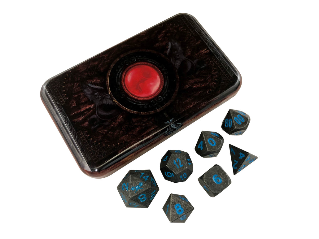 Warlock Tome with Ice King's Revenge | Industrial Gray with Blue Numbers Metal Dice