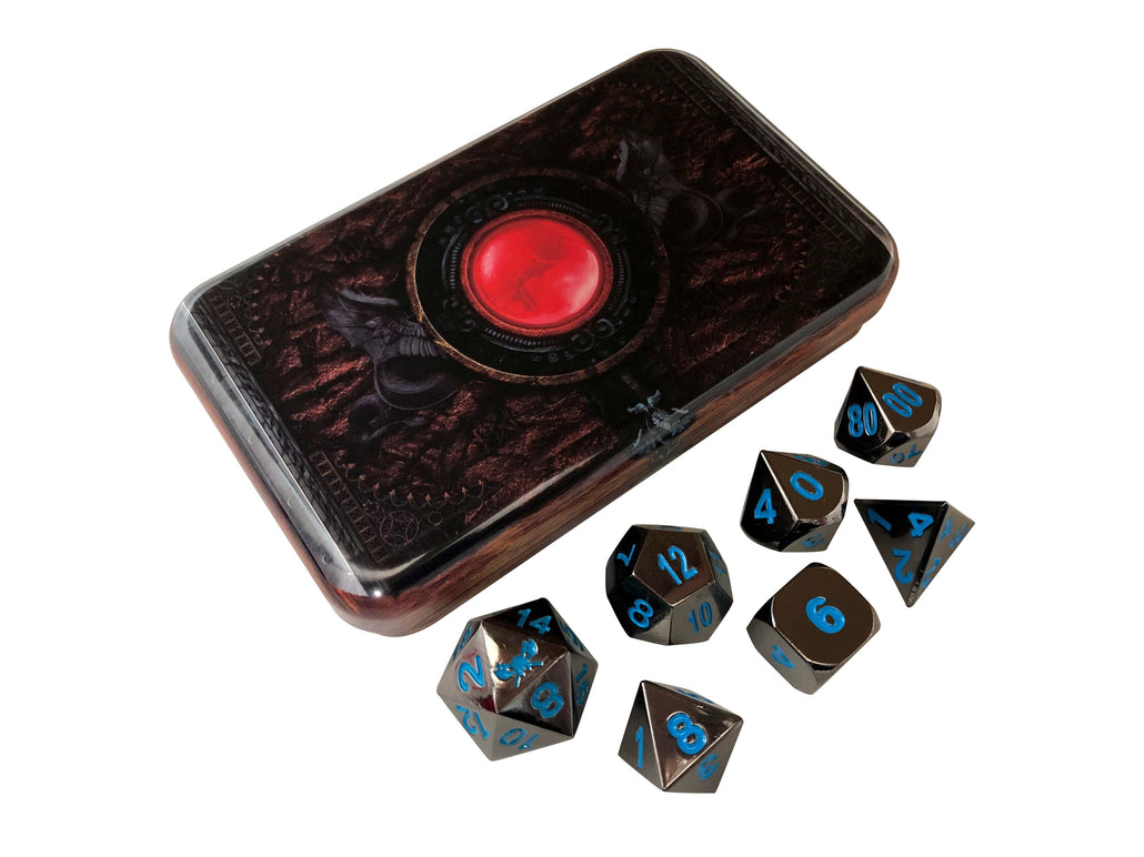 Warlock Tome with Icy Doom | Shiny Black Nickel with Blue Numbers Metal Dice