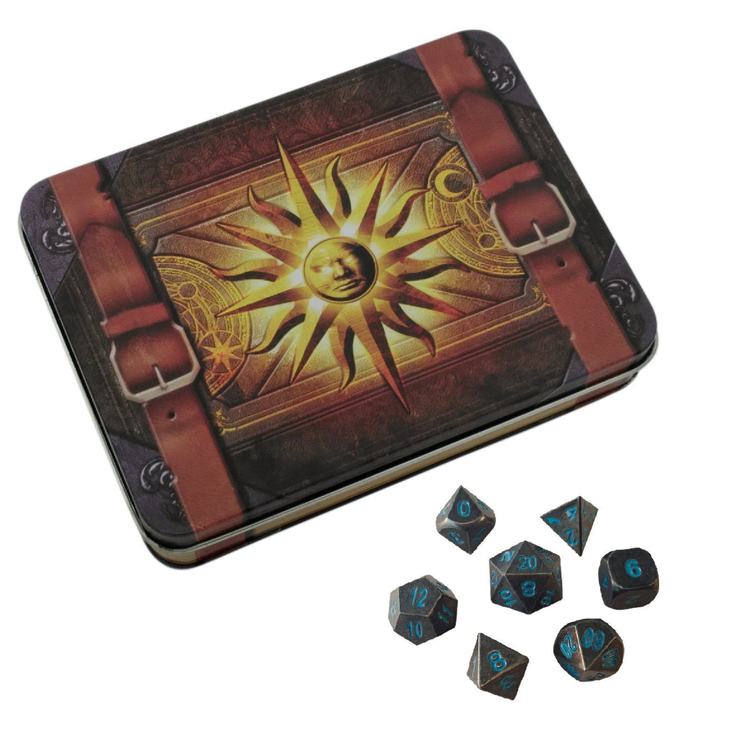 Cleric's Prayer Book with Ice King's Revenge | Industrial Gray with Blue Numbers Metal Dice