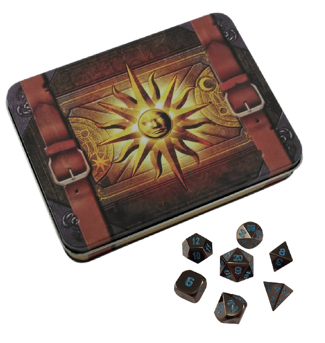 Metal Dice - Cleric's Prayer Book With Icy Doom | Shiny Black Nickel With Blue Numbering Metal Dice