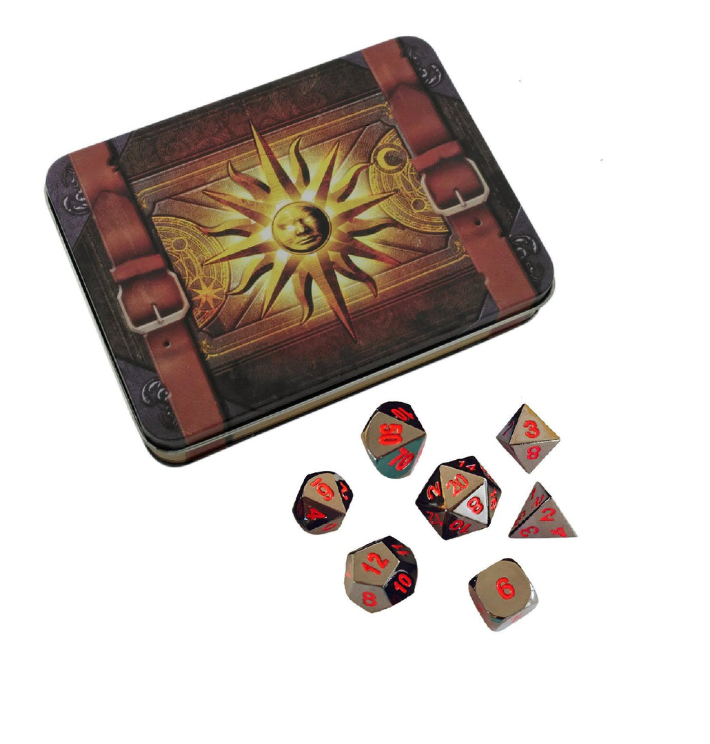 Cleric's Prayer Book with Smoke and Fire | Shiny Black Nickel with Red Numbers Metal Dice