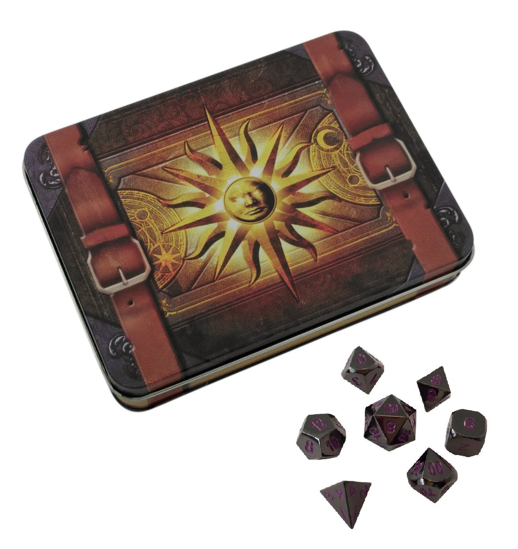 Cleric's Prayer Book with Whispers of the Void | Shiny Black Nickel with Purple Numbering Metal Dice