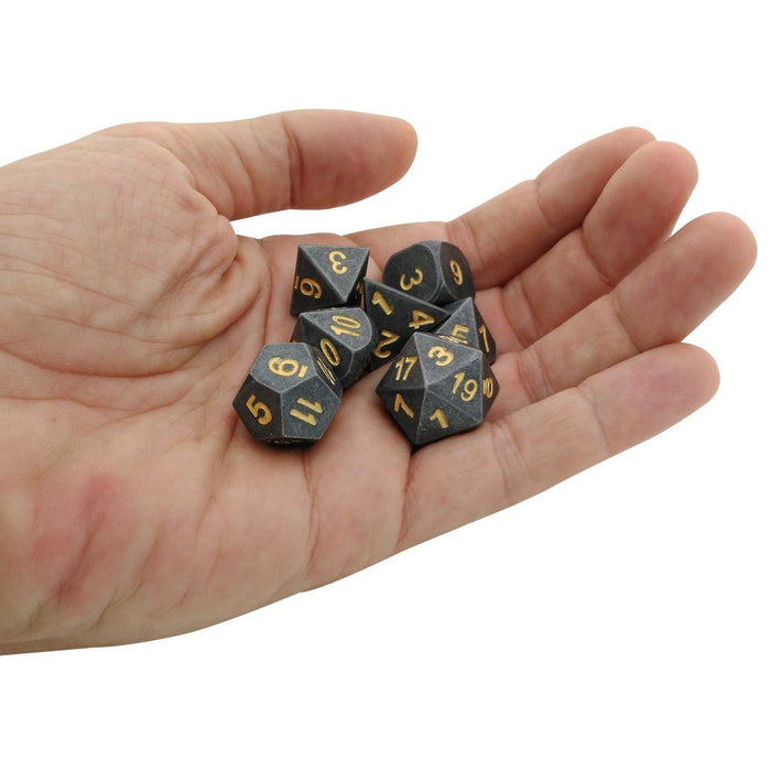 Metal Dice - Hunger Of The Ancients |  Industrial Gray Color With Gold Numbering  Metal Dice  (7 Die In Pack)