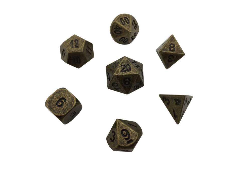 Metal Dice - Industrial Gold Color With Black Numbers Polyhedral Dice Set (7 Die In Pack)