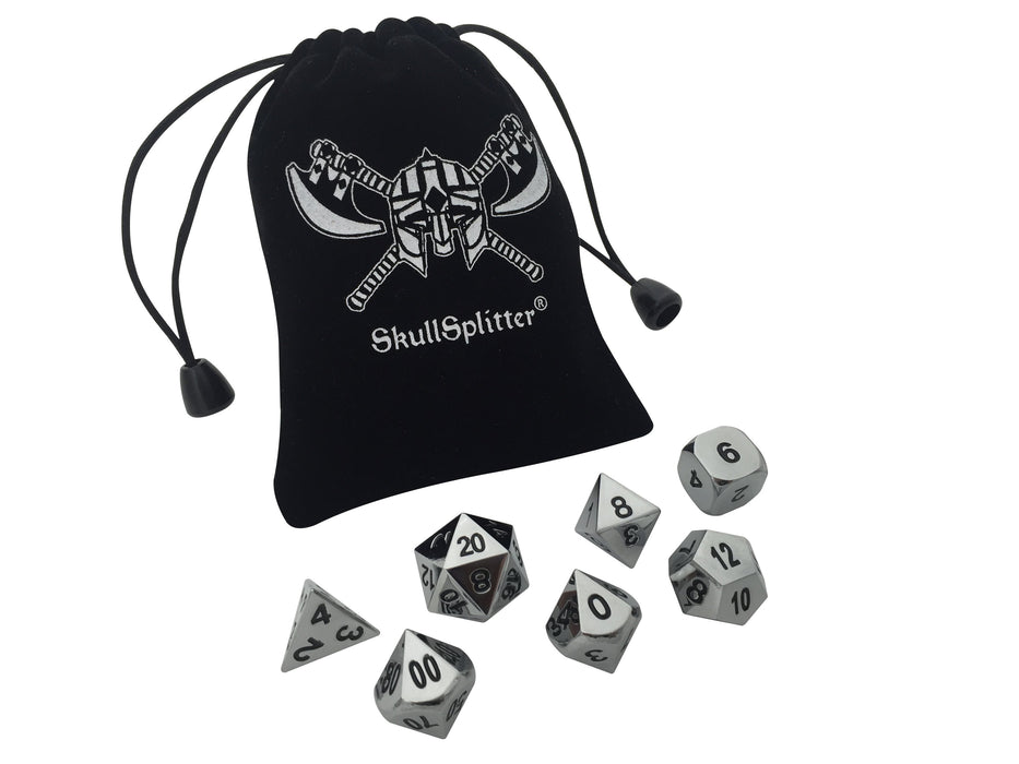 Metal Dice - Shiny Chrome / Silver Color With Black Numbering Metal Dice (7 Die In Pack)