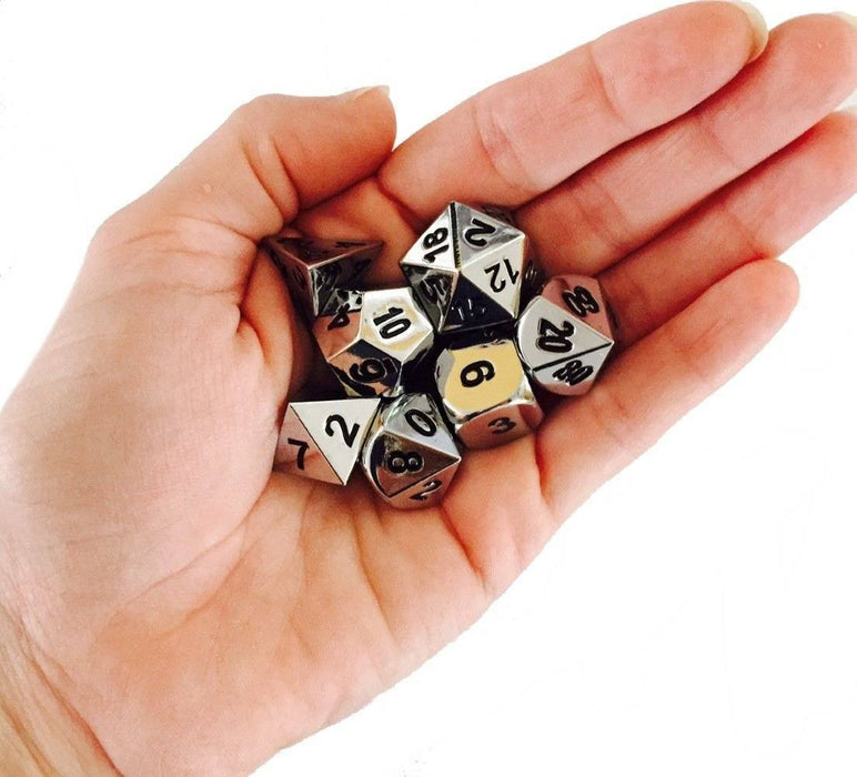 Metal Dice - Shiny Chrome / Silver Color With Black Numbering Metal Dice (7 Die In Pack)