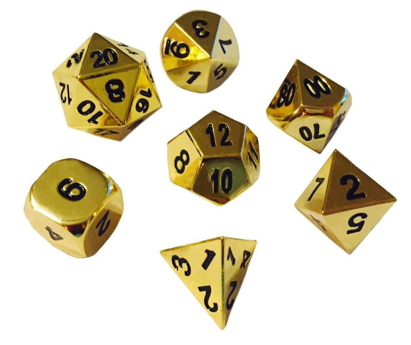 Metal Dice - Shiny Gold Color With Black Numbering Metal Dice (7 Die In Pack)