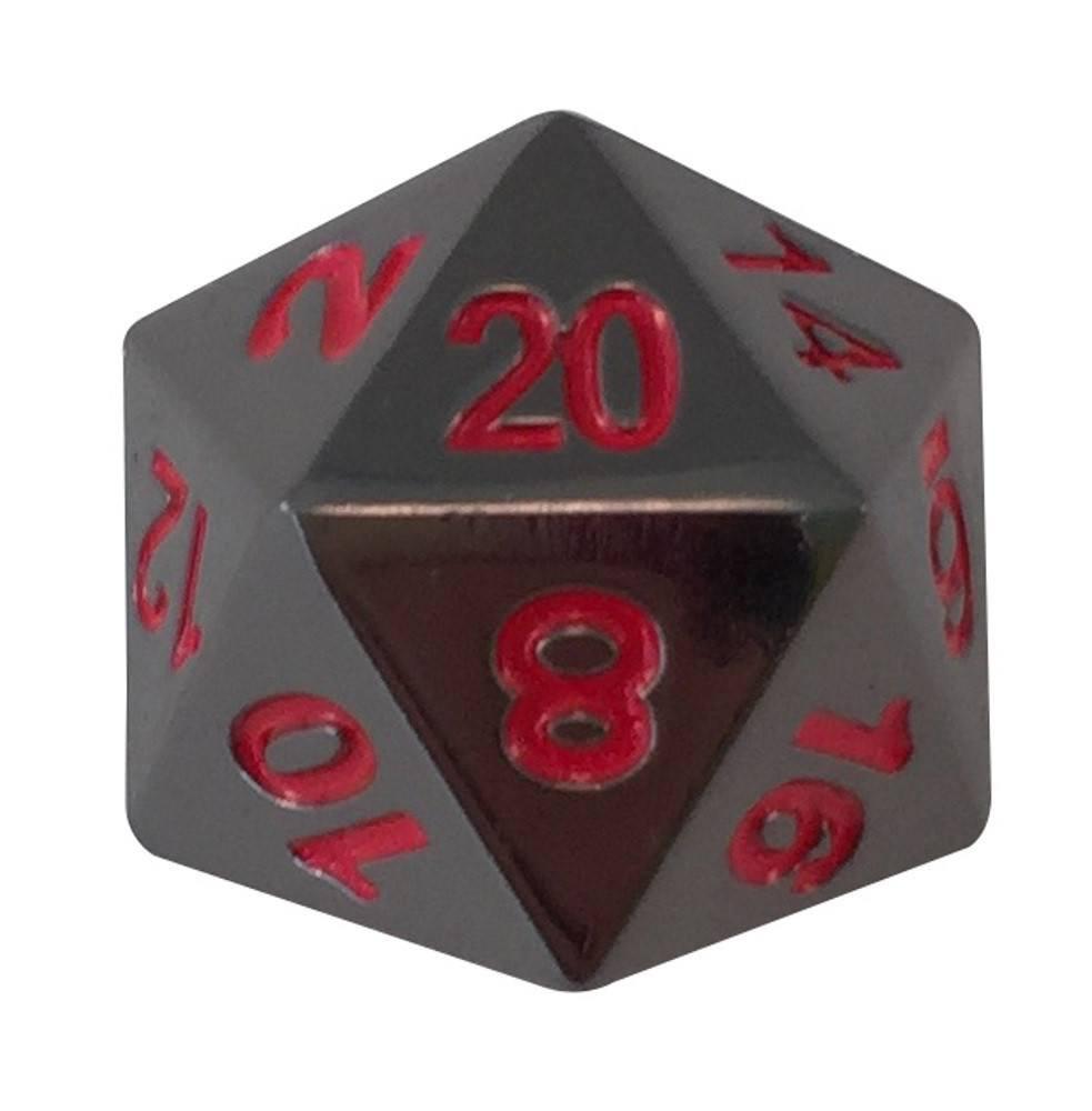 Single D20 - Smoke and Fire | Shiny Black Nickel with Red Numbers Metal Dice