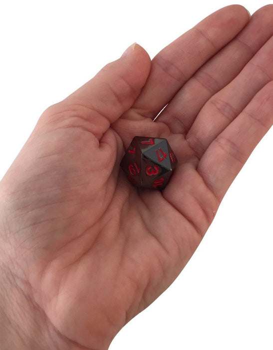 Metal Dice - Single D20 - Smoke And Fire | Shiny Black Nickel With Red Numbers Metal Dice