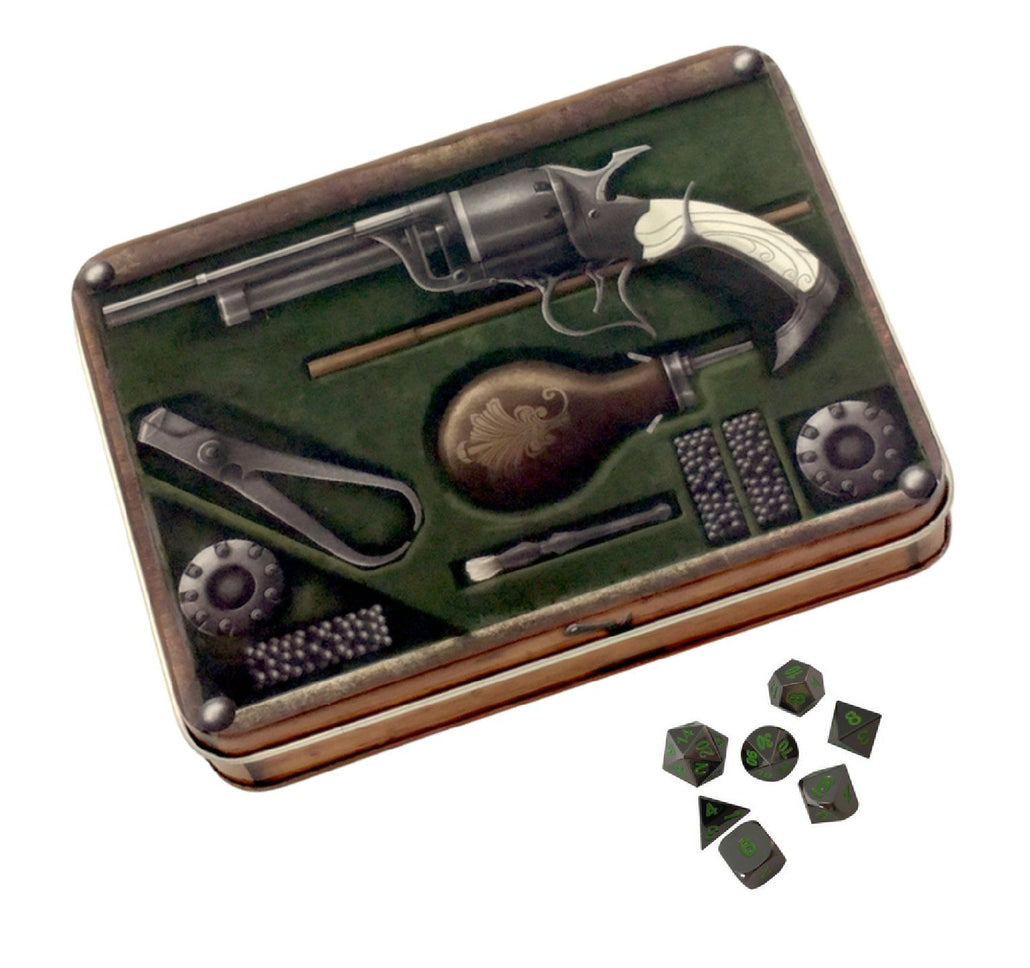 Slinger's Kit with Black Dragon | Shiny Black Nickel with Green Numbering Metal Dice