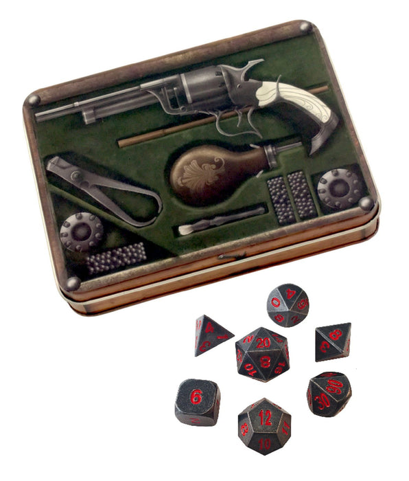 Metal Dice - Slinger's Kit With Butcher's Bill | Industrial Gray With Red Numbering Metal Dice