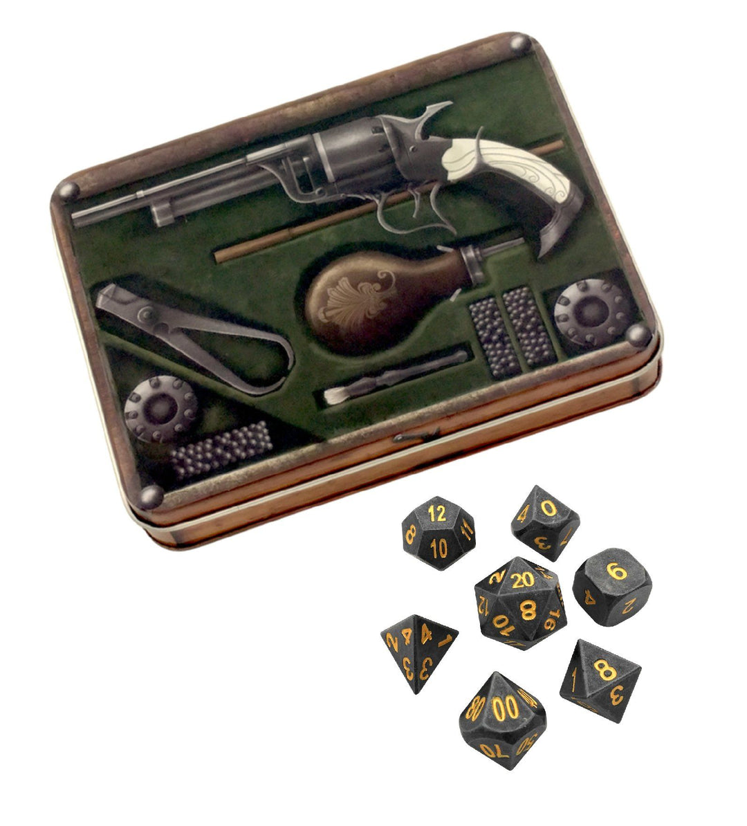 Metal Dice - Slinger's Kit With Hunger Of The Ancients |  Industrial Gray Color With Gold Numbering  Metal Dice