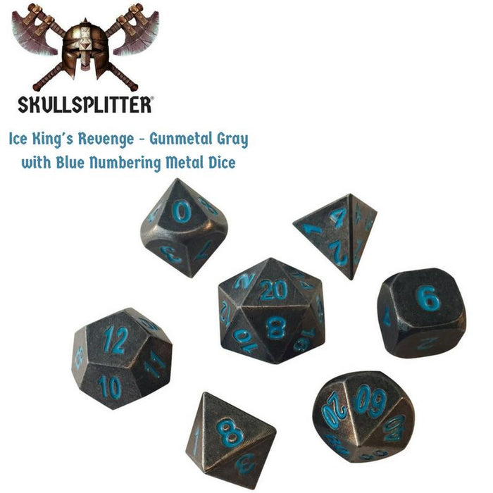 Metal Dice - Slinger's Kit  With Ice King's Revenge | Industrial Gray With Blue Numbers Metal Dice
