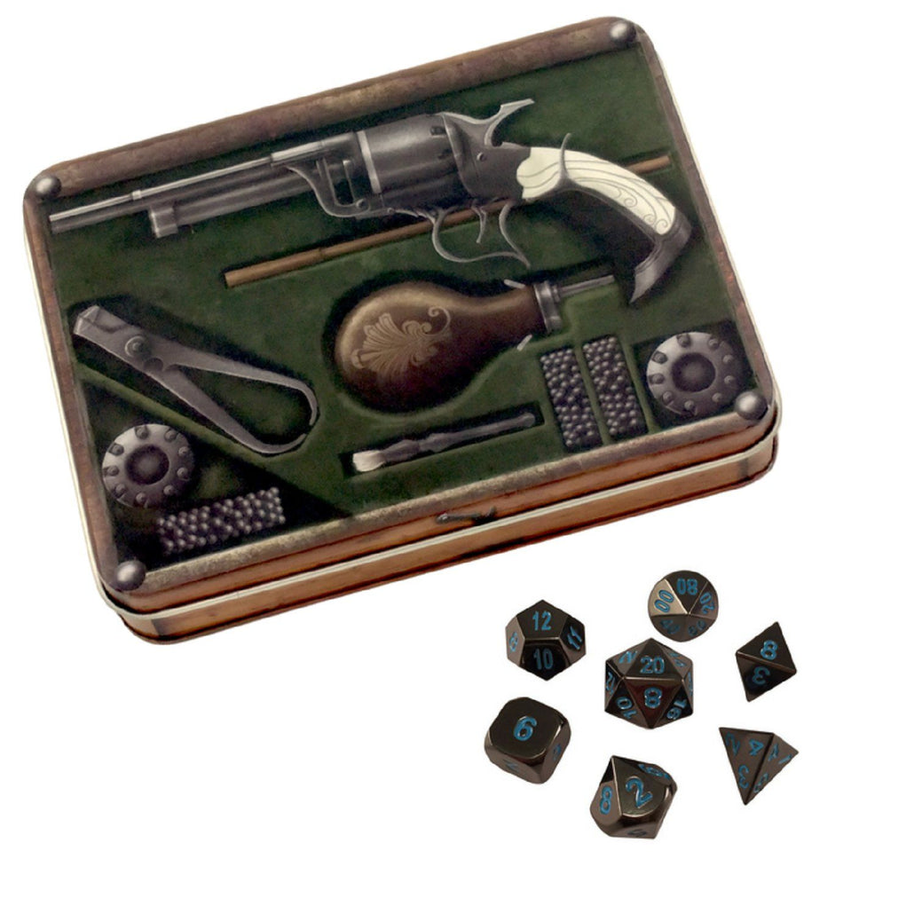 Slinger's Kit with Icy Doom | Shiny Black Nickel with Blue Numbering Metal Dice