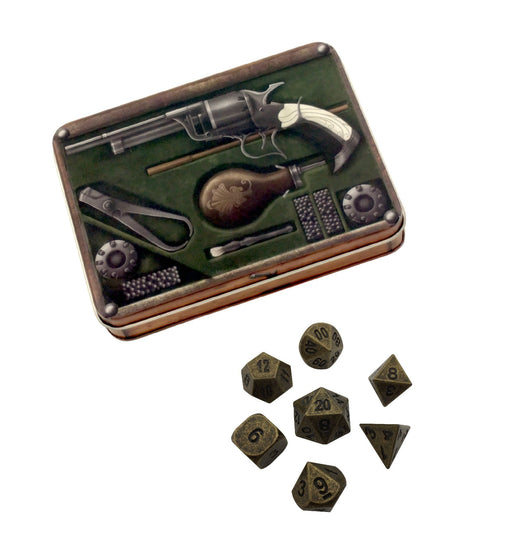 Metal Dice - Slinger's Kit With Industrial Gold Color With Black Numbering Metal Dice