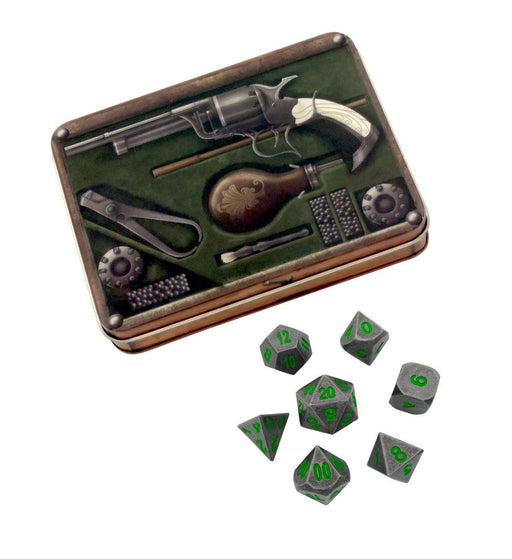 Metal Dice - Slinger's Kit With Rackne's Curse | Industrial Gray With Green Numbers Metal Dice