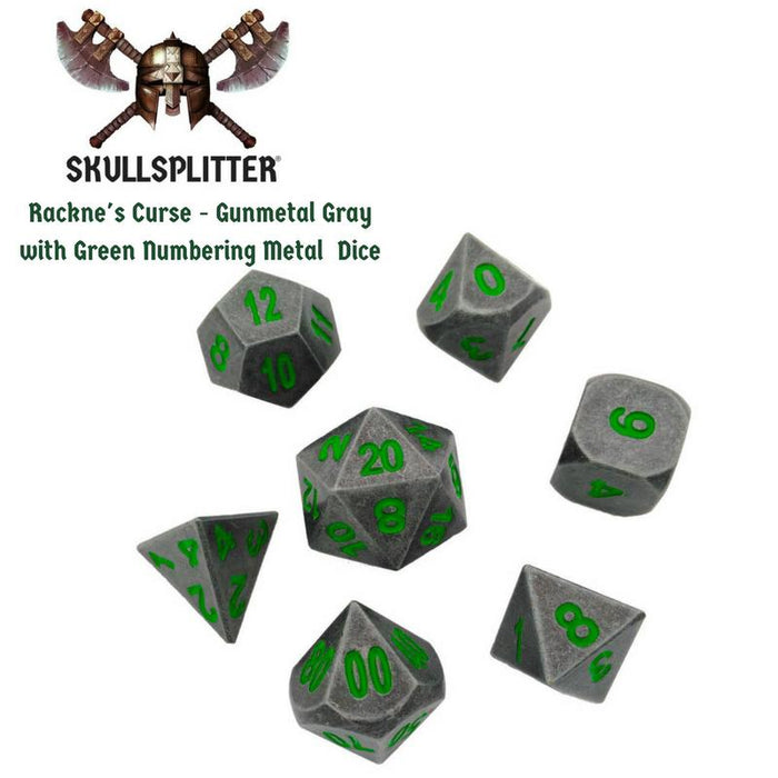 Metal Dice - Slinger's Kit With Rackne's Curse | Industrial Gray With Green Numbers Metal Dice