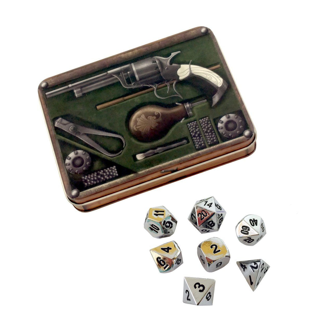 Slinger's Kit with Shiny Chrome / Silver Color with Black Numbering Metal Dice Set