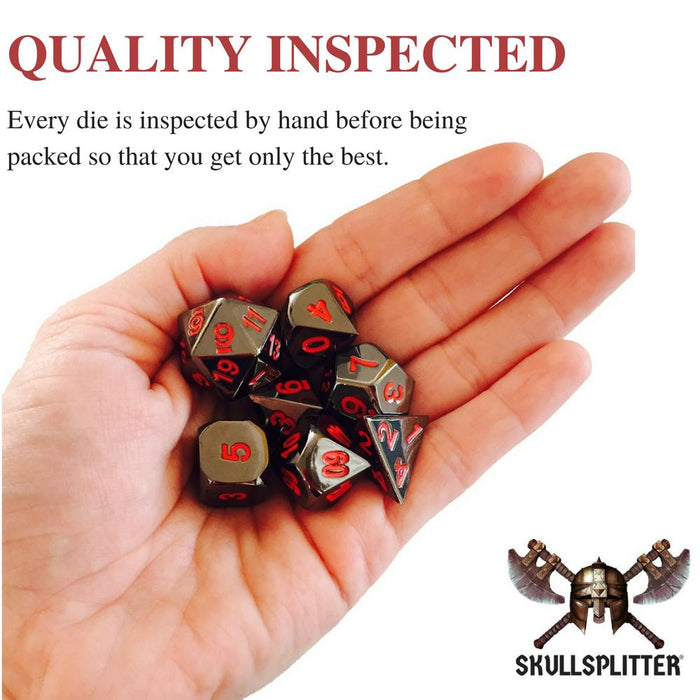Metal Dice - Slinger's Kit  With Smoke And Fire | Shiny Black Nickel With Red Numbers Metal Dice