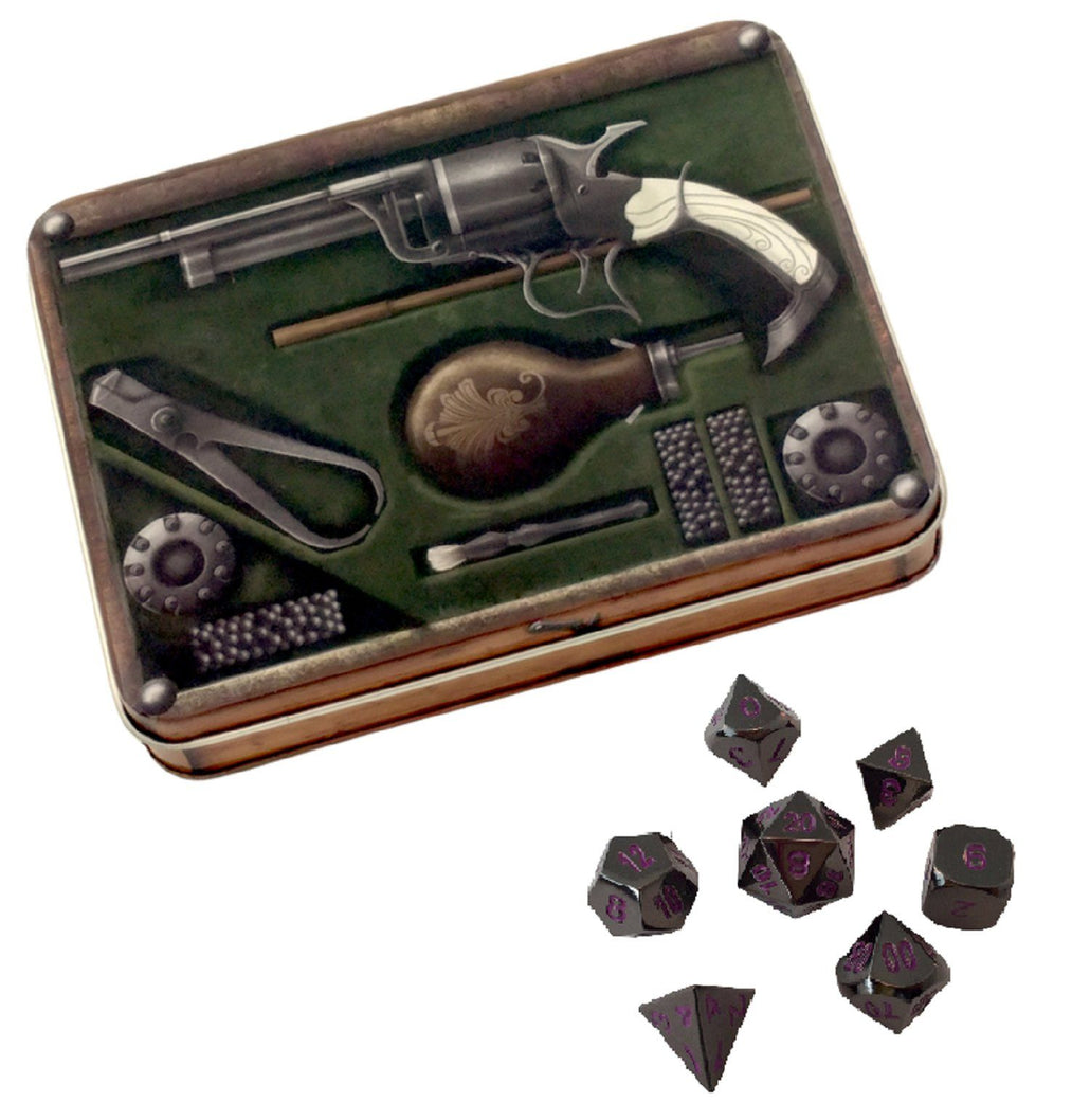 Slinger's Kit with Whispers of the Void | Shiny Black Nickel with Purple Numbering Metal Dice