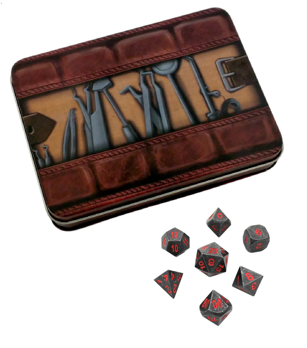 Thieves' Tools with Butcher's Bill | Industrial Gray with Red Numbering Metal Dice