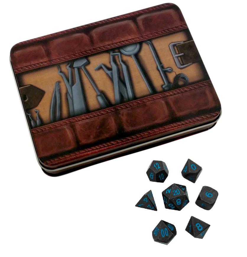 Thieves' Tools with Ice King's Revenge | Industrial Gray with Blue Numbers Metal Dice