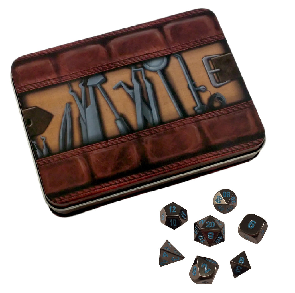 Thieves' Tools with Icy Doom | Shiny Black Nickel with Blue Numbering Metal Dice