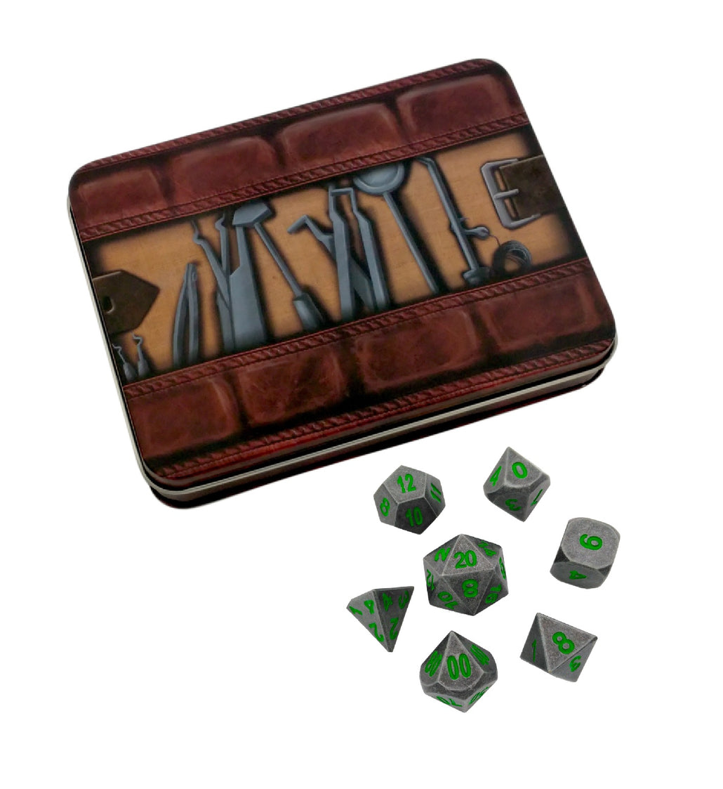 Thieves' Tools with Rackne's Curse | Industrial Gray with Green Numbers Metal Dice