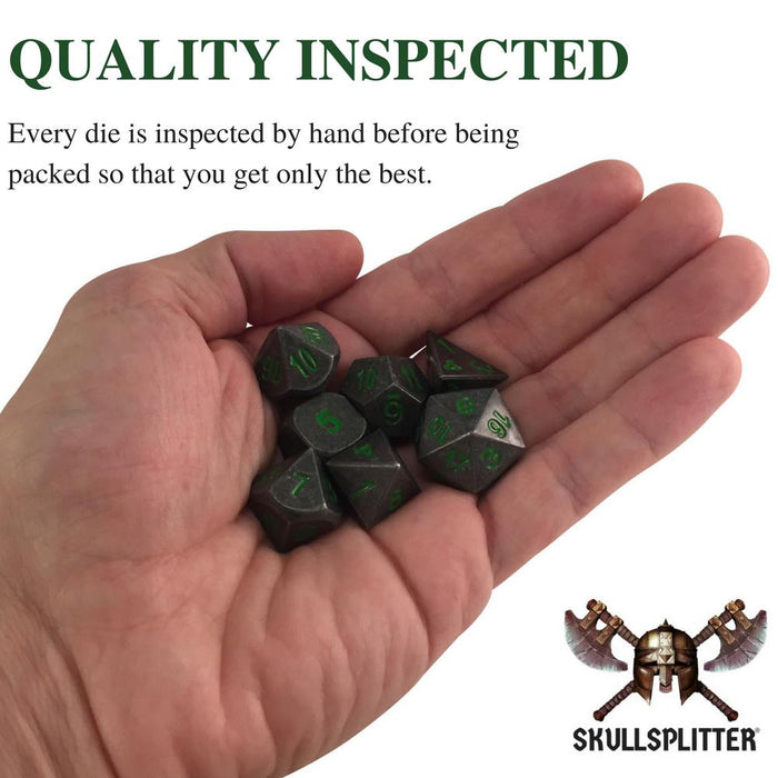 Metal Dice - Thieves' Tools With Rackne's Curse | Industrial Gray With Green Numbers Metal Dice