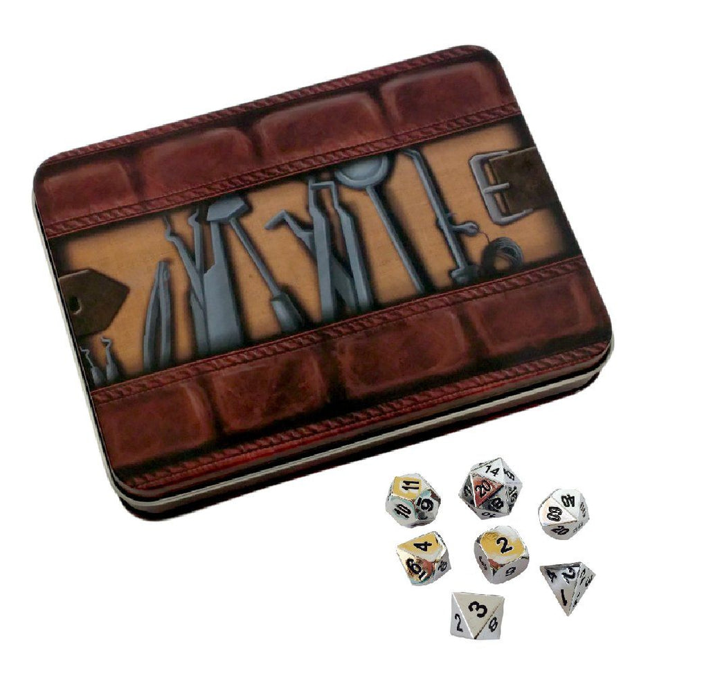 Thieves' Tools with Shiny Chrome / Silver Color with Black Numbering Metal Dice Set