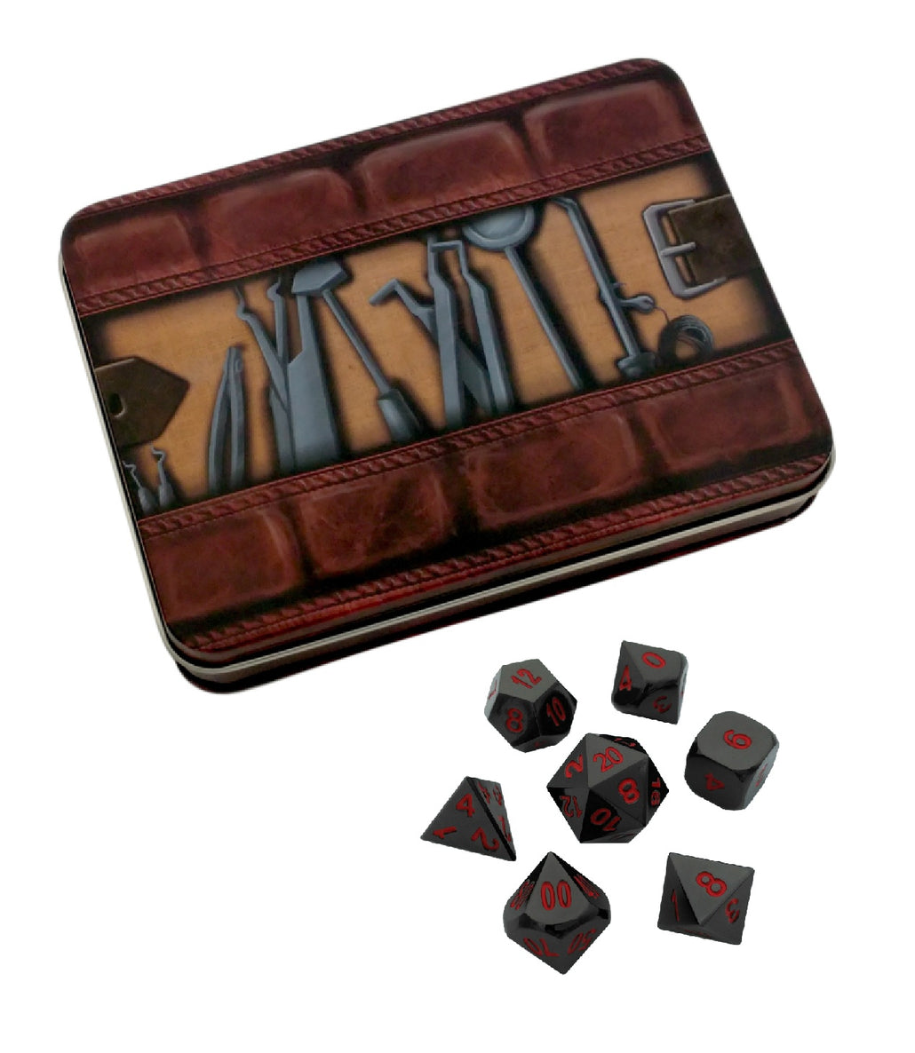 Thieves' Tools with Smoke and Fire | Shiny Black Nickel with Red Numbers Metal Dice