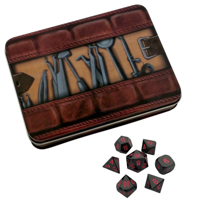 Metal Dice - Thieves' Tools With Umbral Fae | Shiny Black Nickel Finish With Pink Numbering Metal Dice Set
