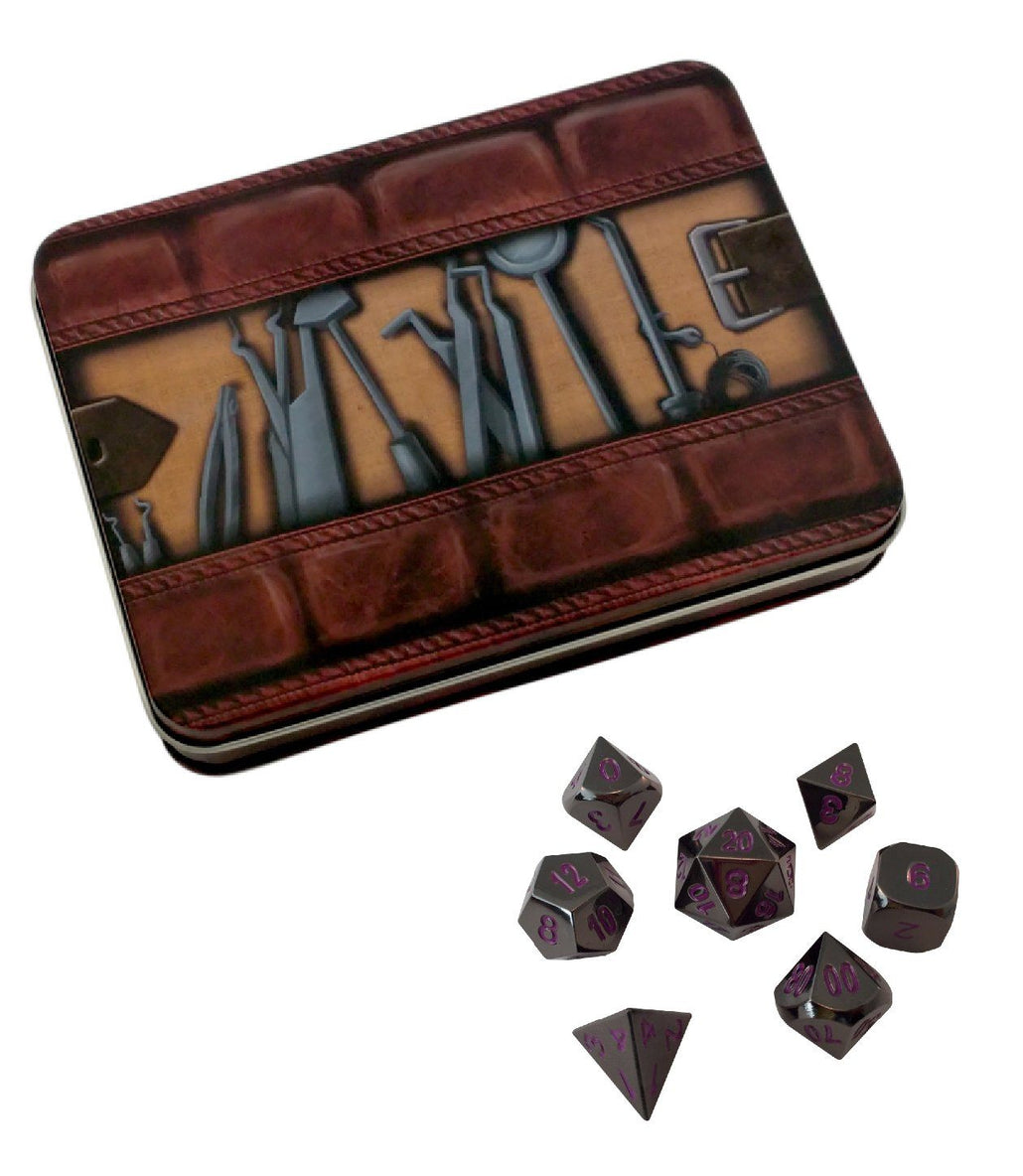 Thieves' Tools with Whispers of the Void | Shiny Black Nickel with Purple Numbering Metal Dice