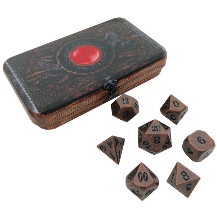 Metal Dice - Warlock Tome With Industrial Brass Color With Black Numbering Metal Dice