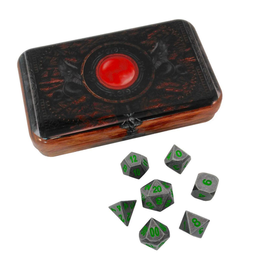 Warlock Tome with Rackne's Curse | Industrial Gray with Green Numbers Metal Dice