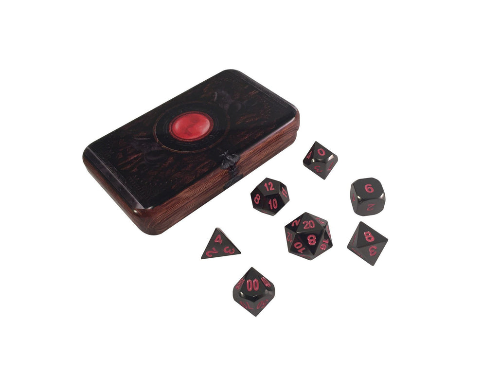 Warlock Tome with Shiny Black Nickel Finish with Pink Numbering Metal Dice Set