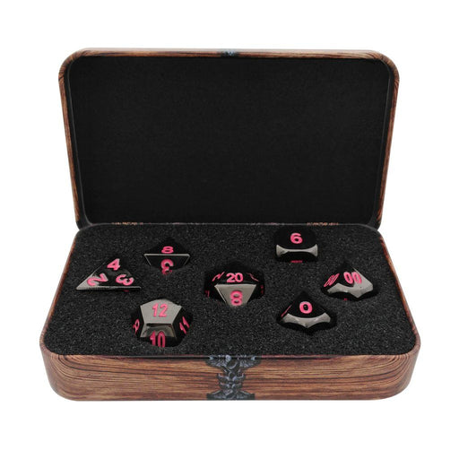 Metal Dice - Warlock Tome With Umbral Fae | Shiny Black Nickel Finish With Pink Numbering Metal Dice Set